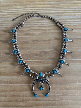 Sterling Silver and Turquoise Squash Blossom Necklace Blue